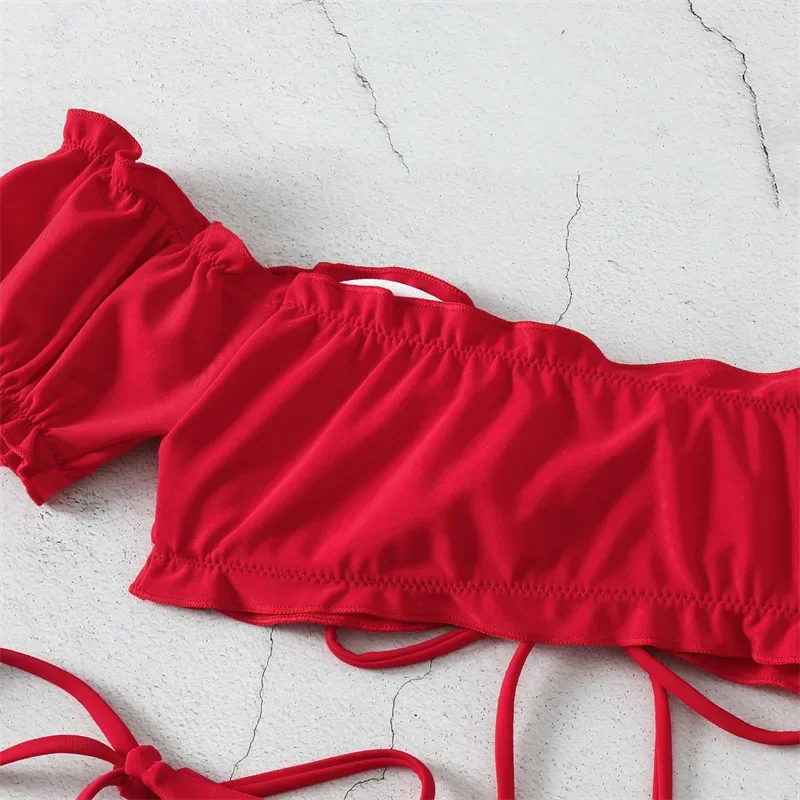 Bikini Sexy con cordón 2021, traje de baño rojo con hombros descubiertos, traje de baño femenino, conjunto de Bikinis con Tanga para mujer, bañador, ropa de playa para nadar, traje de baño