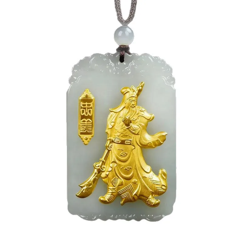 Real Gold Inlaid Hetian Jade Solid Gold Guan Gong Pendant Patron Saint God of Wealth Necklace for Men Gifts