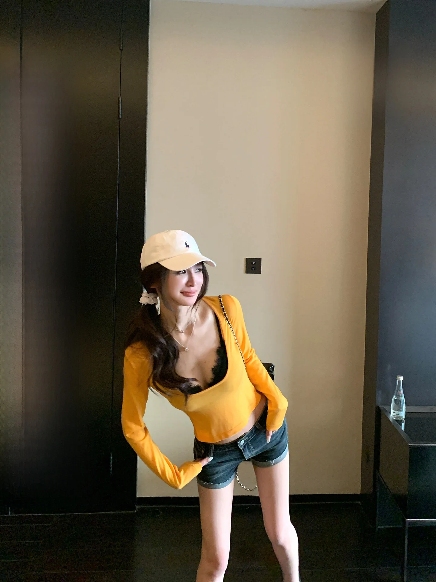 

Облегающая трикотажная футболка Long Sve, шерстяной дизайн, топ Deep U Ne для женщин, футболка из смеси полиэстера и длины