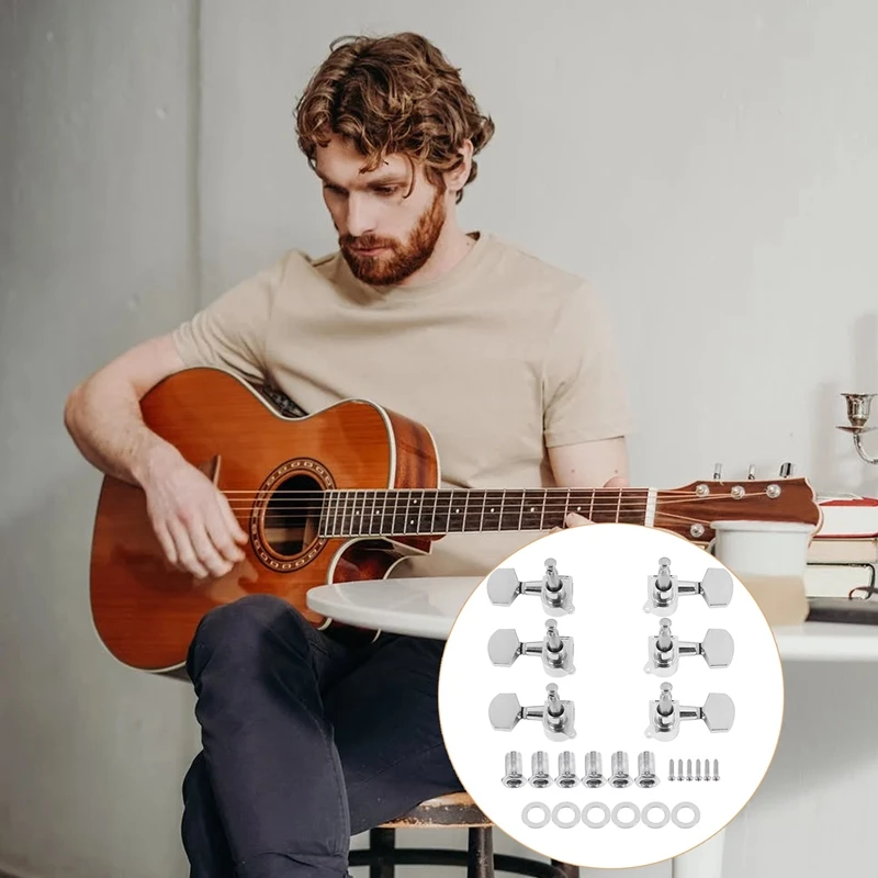 

A57T, 6 шт., серебряные головки для акустической гитары, ручки для настройки гитарных струн, тюнер (3 для слева + 3 для справа)