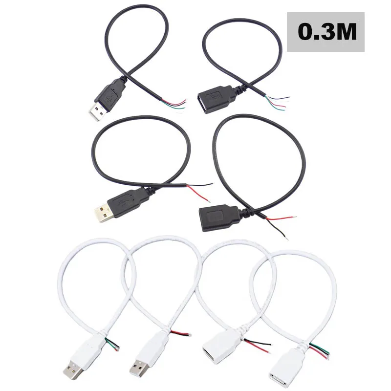 2pin 4Pin USB 2.0 5V Power Supply Cable Female Male Wire Jack Charging Extension Connector Wire 30cm black white R23