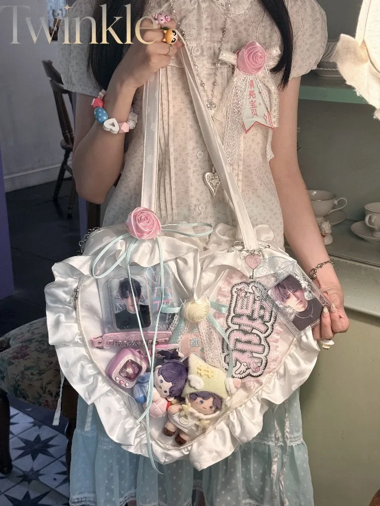 Women Lolita Ita Bag Heart Shape Satin Japanese Style Sweet Girls Ruffles Shoulder Baby Doll Large Capacity Backpack