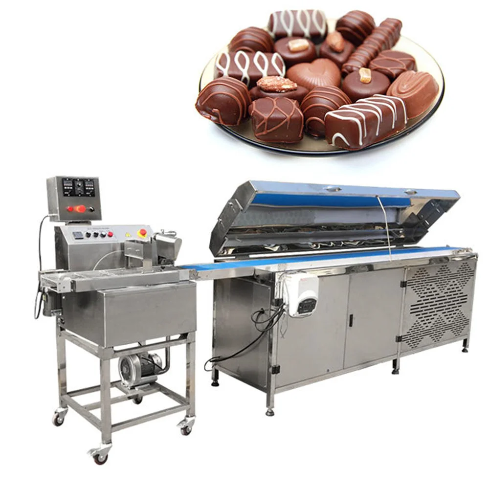 Peanut Bar Candy Nuts Coating Machine Chocolate Tempering Enrobing Machine With Cooling Tunnel