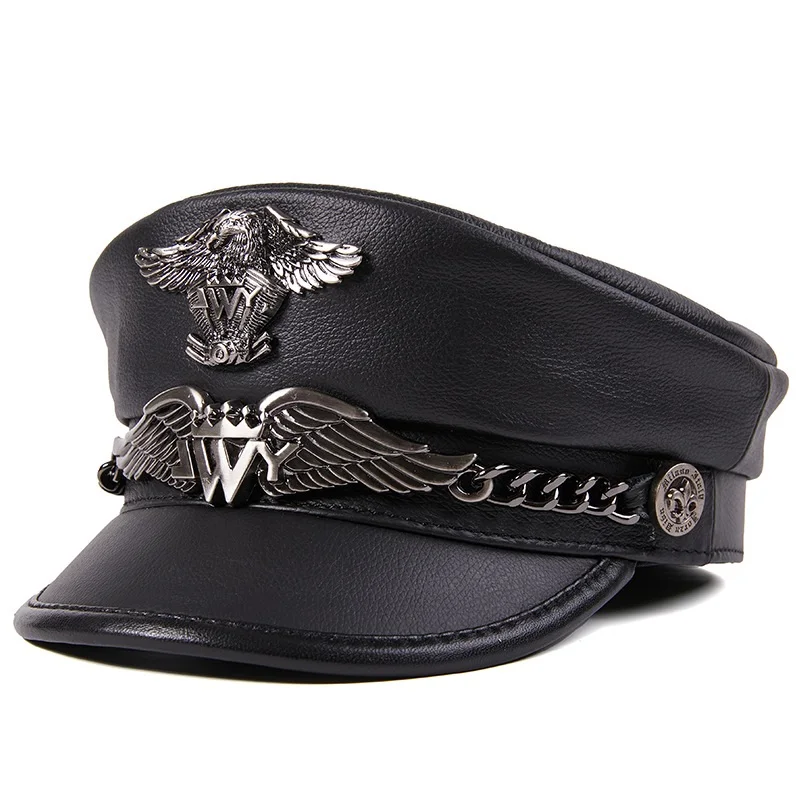 X7007 German Army Cap Natural Leather Flat Top Hat Men\'s Cowhide Captain\'s Cap  Navy Harley Hat Tide Warm Army Military Hat