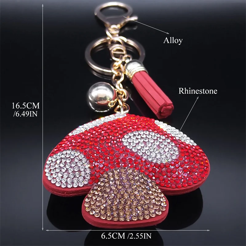 Cute Mushroom Keychain for Women/Men Red Tassel Crystal Gold Color Keyring Bag Car Accessories Jewelry porte clef K4935S01