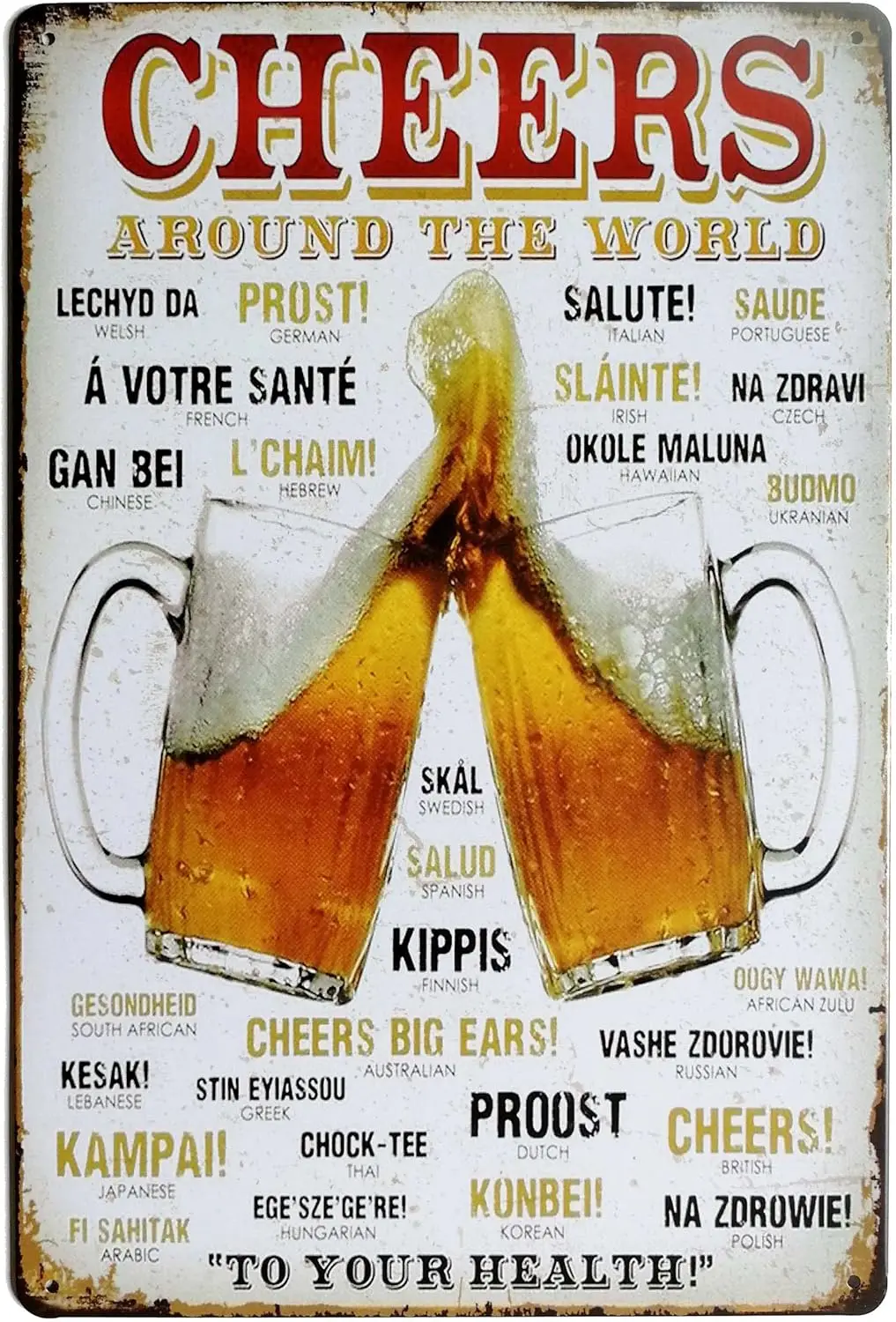 Cheers Around the World Drinking Distressed Metal Retro Wall Decor Vintage Tin Sign