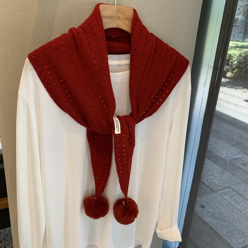 

Scarf autumn and winter wool ball triangle scarf women's fashion hollow wool layering versatile high-end scarf shawl dual use