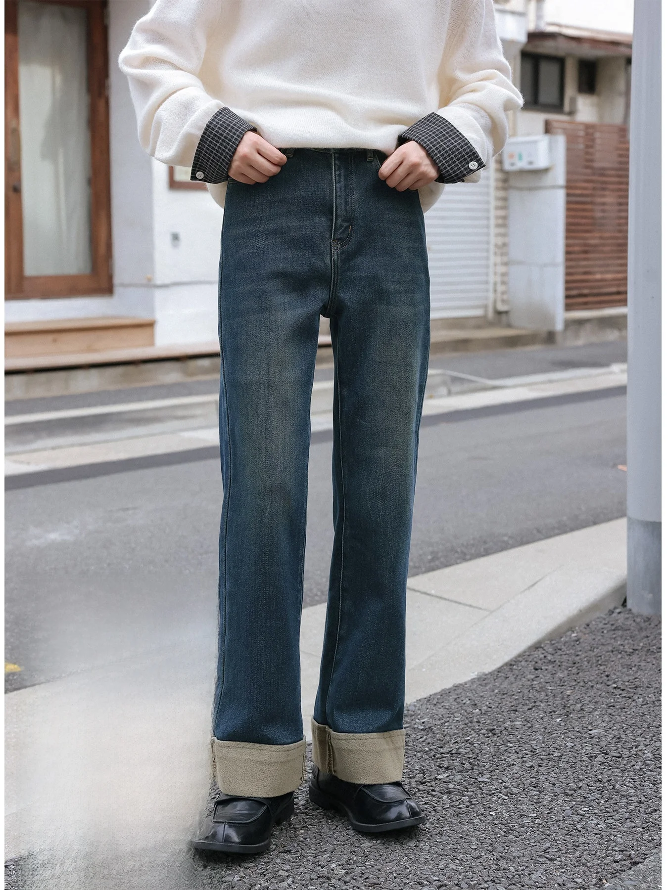 

Джинсы с высокой талией и прямыми штанинами для женщин, осенне-зимние, маленькие размеры, удлиняющие, утягивающие, из смесового хлопка и денима