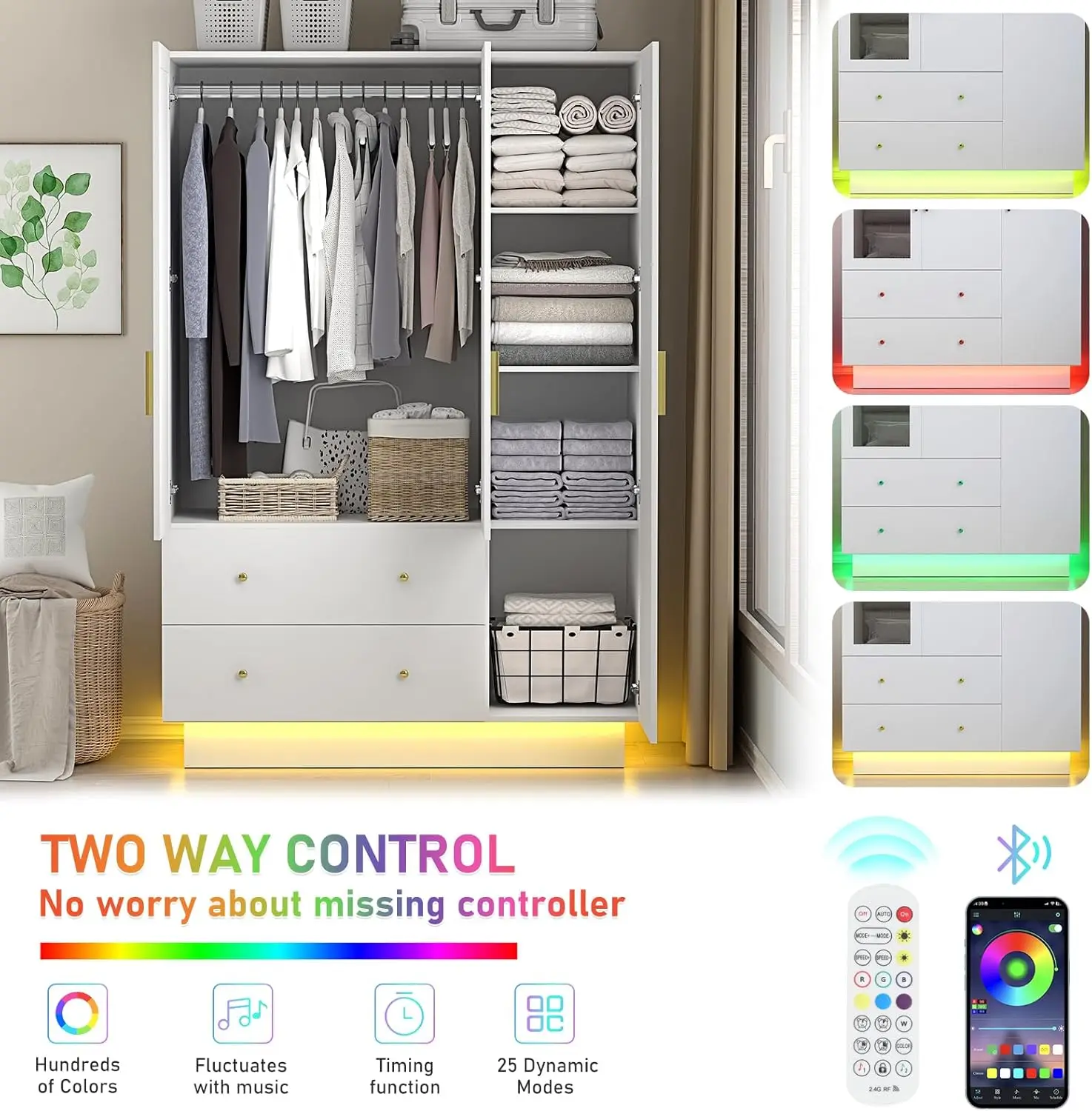 خزانة ملابس بثلاثة أبواب مع مرآة وأضواء LED وأدراج وأرفف، خزانة خشبية حديثة مع قضيب تعليق، أبيض #4