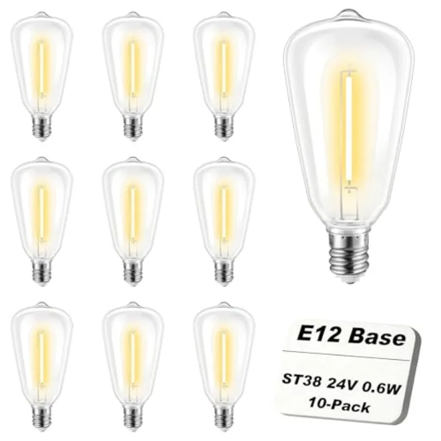 

Pack 24V ST38 LED Replacement Bulbs for Outdoor String Lights, Shatterproof Plastic Spare Bulbs E12 Base,2700K Warm White for Q