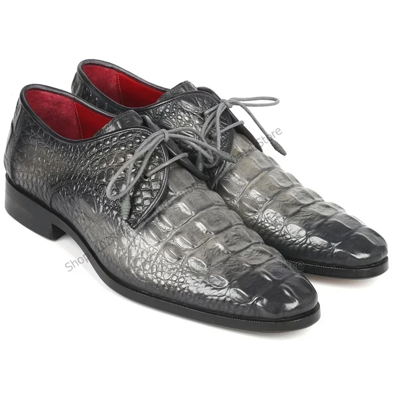 

Gray Gradient Color Crocodile Fretwork Men Derby Shoes Fashion Lace Up Men Shoes Luxury Handcraft Party Banquet Men Dress Shoes