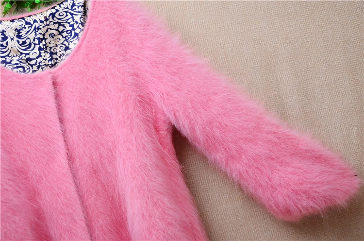 Ladies Women Autumn Winter Pink Hairy Mink Cashmere Knitted Three Quarter Sleeves Slim Cardigans Angora Fur Sweater Jakcet Pull