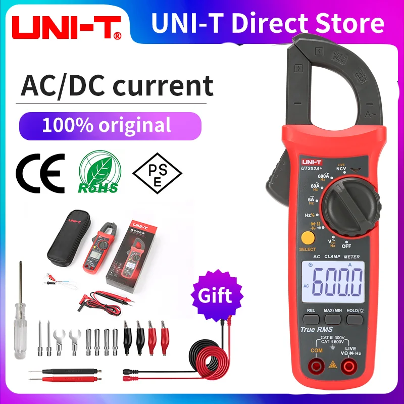 Medidor de braçadeira UNI-T UT210D UT210E UT201 + UT202 + UT202A + UT203 + UT204 Plus AC DC Alicate Amperímetro Voltímetro Multímetro de braçadeira digital