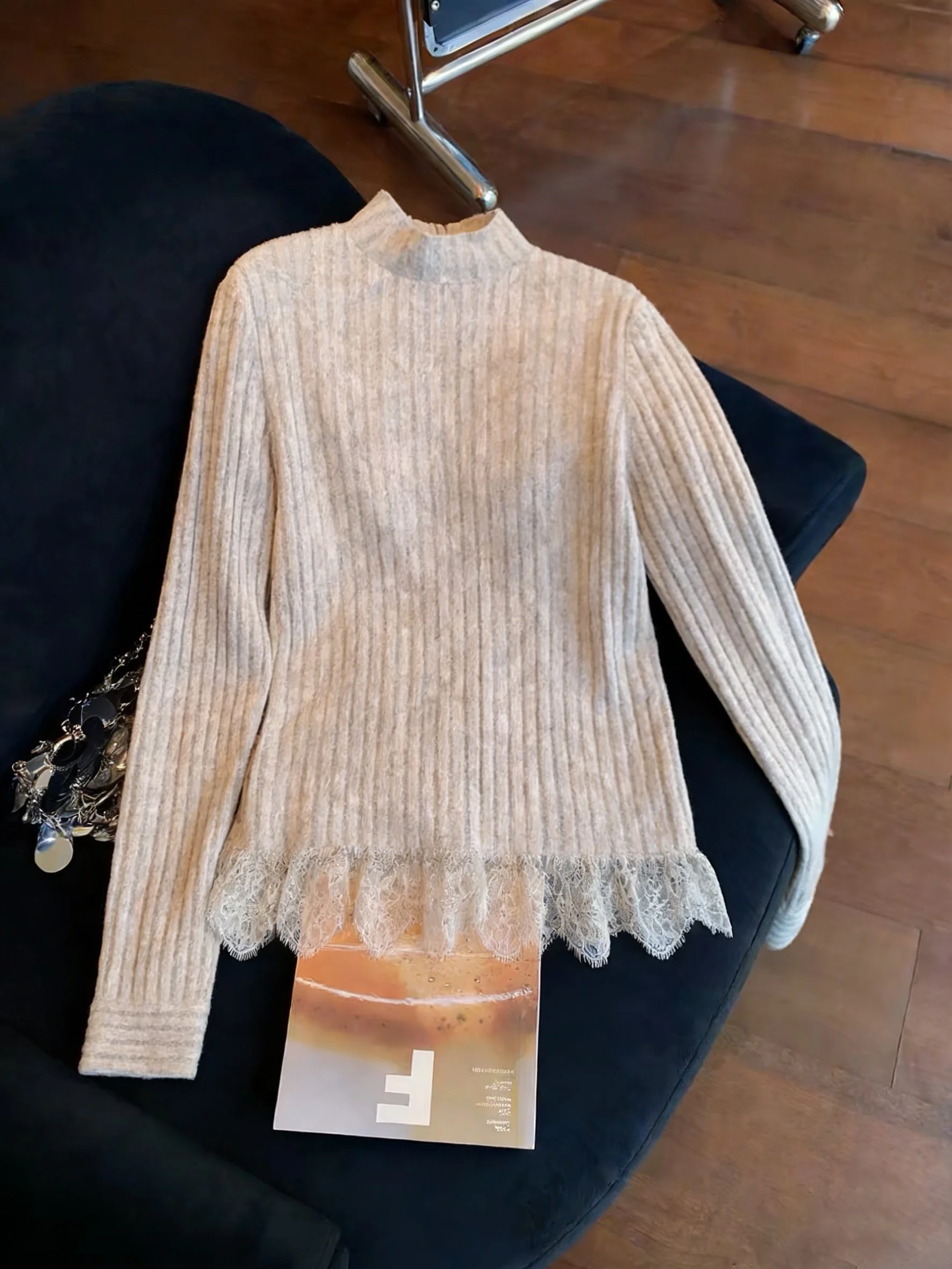 

Retro Lace Trim Splice f High Collar Knitted Sweater Men Women Spring Autumn Lazy Loose Long Sve Base Top