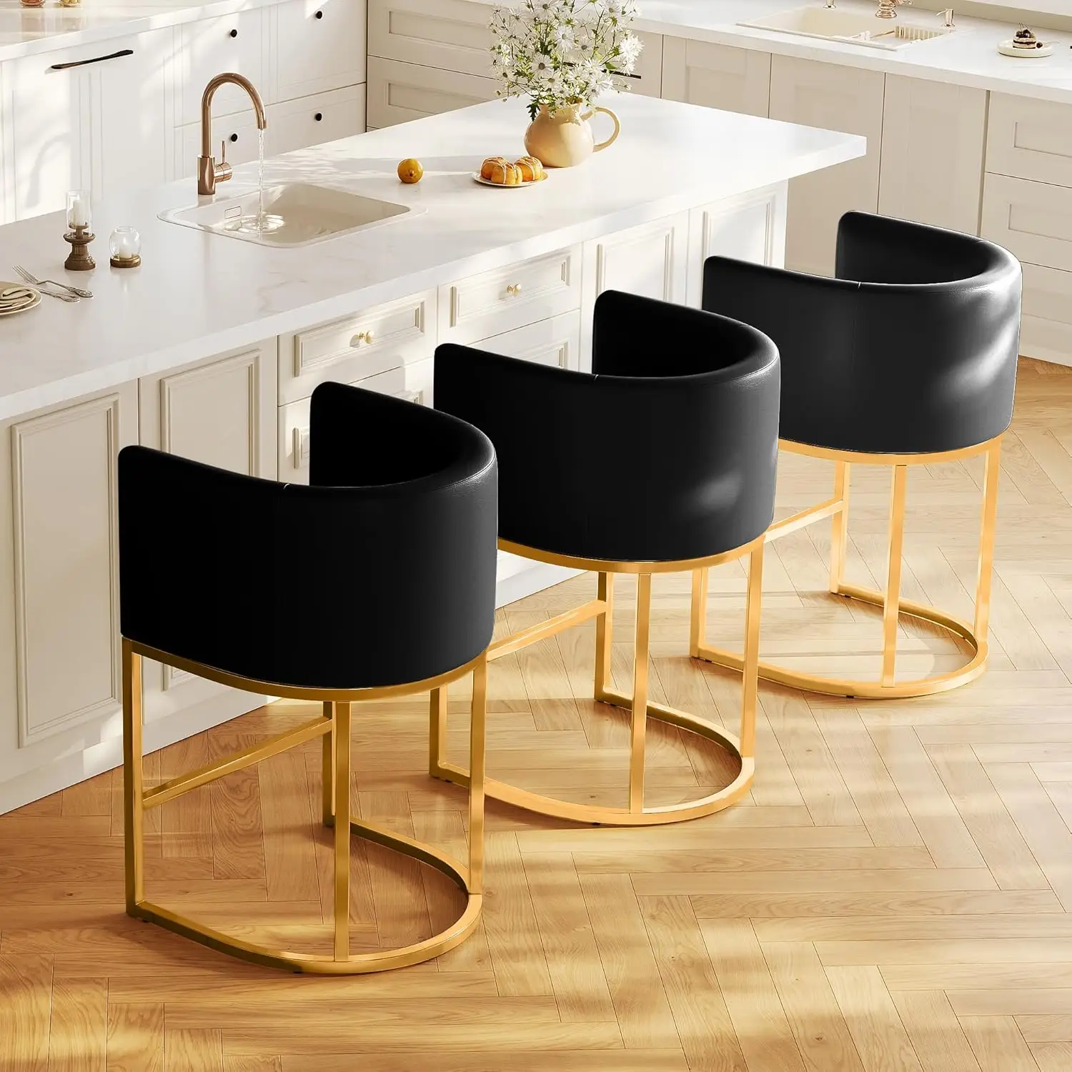 

Modern PU Leather Counter Height Bar Stools Set of 3 with Backs,26in Kitchen Island Chairs,Metal Gold Frame,Black,Customized