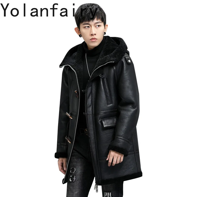 YOLANFAIRY Genuine Sheepskin Mens Real Fur Coat Hoodie Men Winter Clothes Long Jacket for Men Fleece Jacket Men Муж Куртка 2024