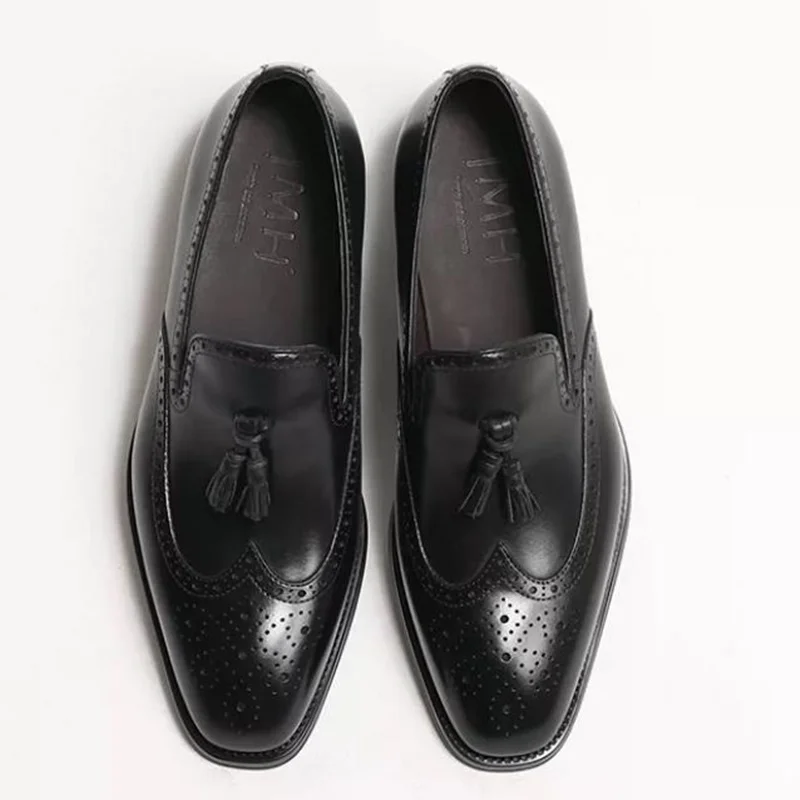 High Quality First-layer Calfskin Leather Shoes For Men Genuine Leather Brogue Carving Slip-on Fringed Loafers