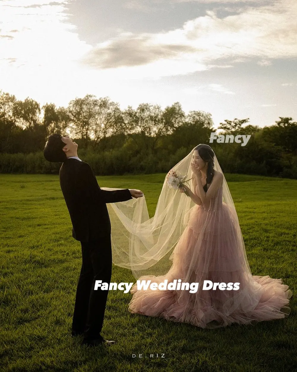 Fancy Korea Princess Pink Wedding Dress Soft Tulle Fishbone Evening Party Dresses Back Corset Customized