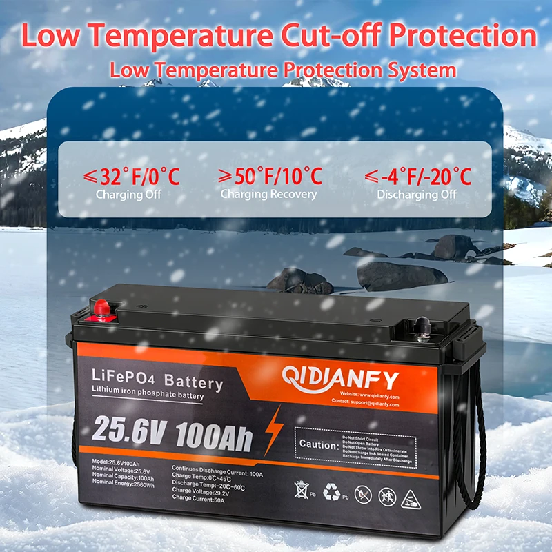 Qidianfy 25.6V 100Ah/200Ah LiFePO4 Battery Built-in 100A BMS 2560w Capacity for RV Solar Off-grid Systems Camping Marine Backup Energy