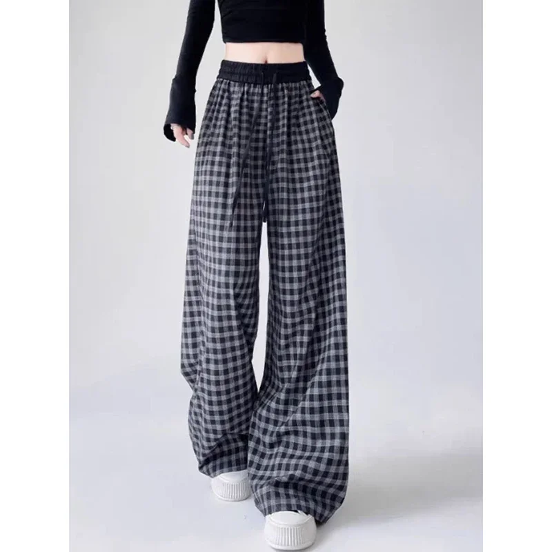 Plaid Patchwork Vintage Baggy Pants Girl Oversized Korean Fashion Harajuku Japanese Style Streetwear Y2K Black Casual Trousers