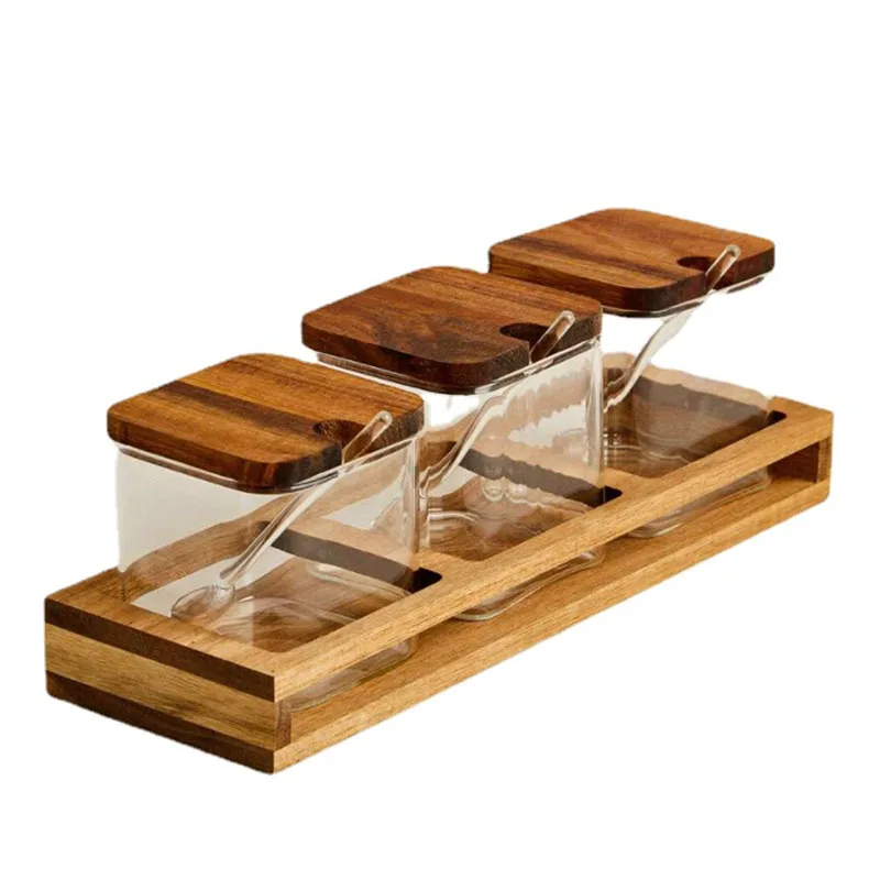 3 Pieces Set of European Style Glass Spice Jar Spice Box Wooden Tray Salt Sugar Chili Jar with Scoop Kitchen Glass Spice Bottle