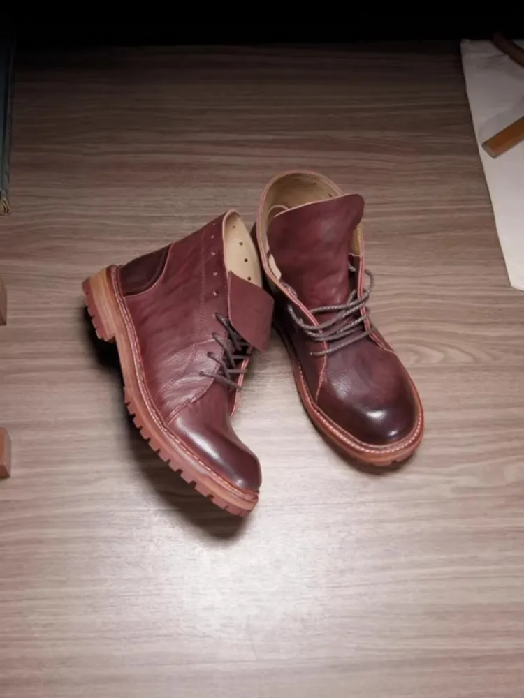 Men Women Comfortable Camel Hide Genuine Leather Round Toe Lace Up Motorcycle Biker Desert Boots Retro Designer Round Toe Shoes