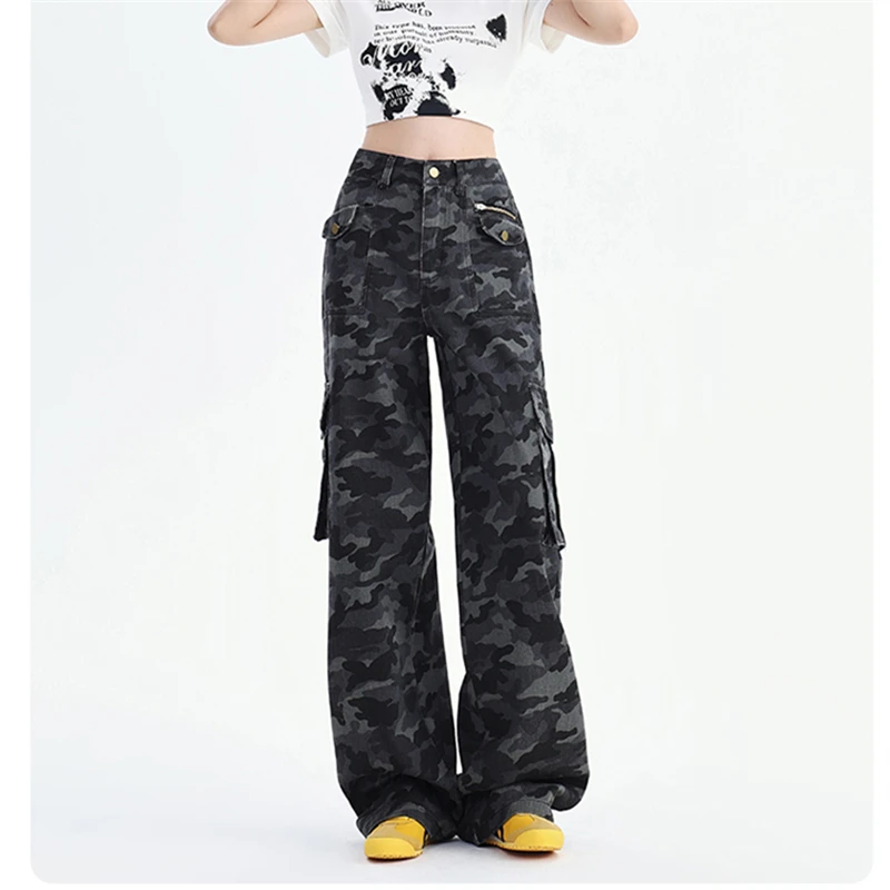 

Women's Street Style Camouflage Straight Pants Summer Cool Girl Vintage Bottoms Female High Waisted Baggy Cargo Neutral Trousers