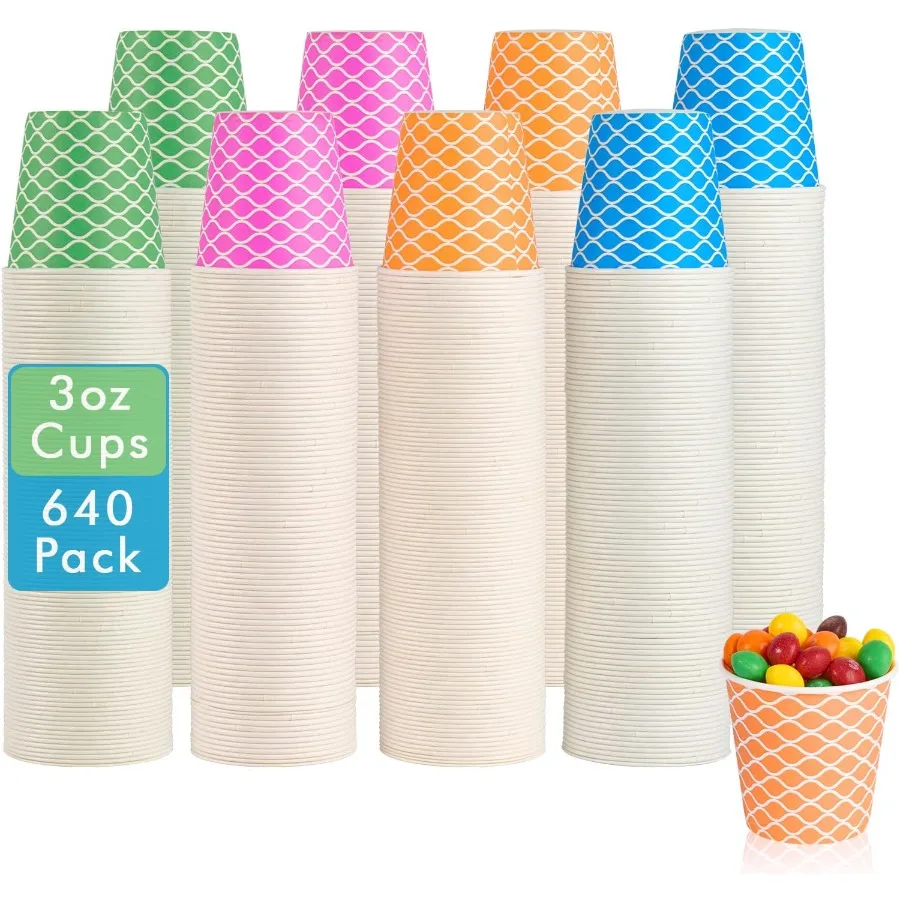 

640 упаковок, 3 унции, красочные одноразовые бумажные стаканчики для домашнего использования, ванной комнаты, хранения на открытом воздухе, пикника, дня рождения, свадебных мероприятий и O