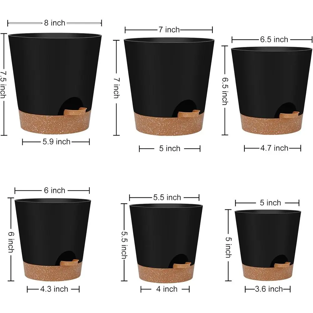 Indoor Self-Watering Plant Pots with Drainage, 6 Sizes, Black, 6-Pack
