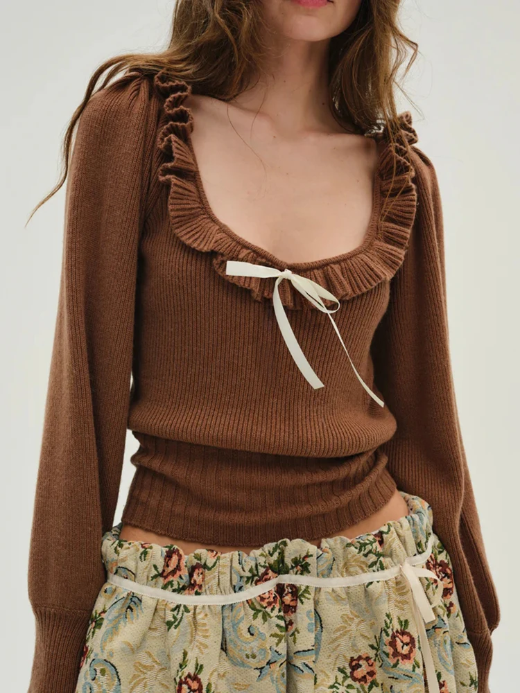 

French Style Cropped Pullover Sweaters Women Biege Brown Bow Tie Long Lantern Sleeve Casual Ladies Sweater Ladies Jumpers New