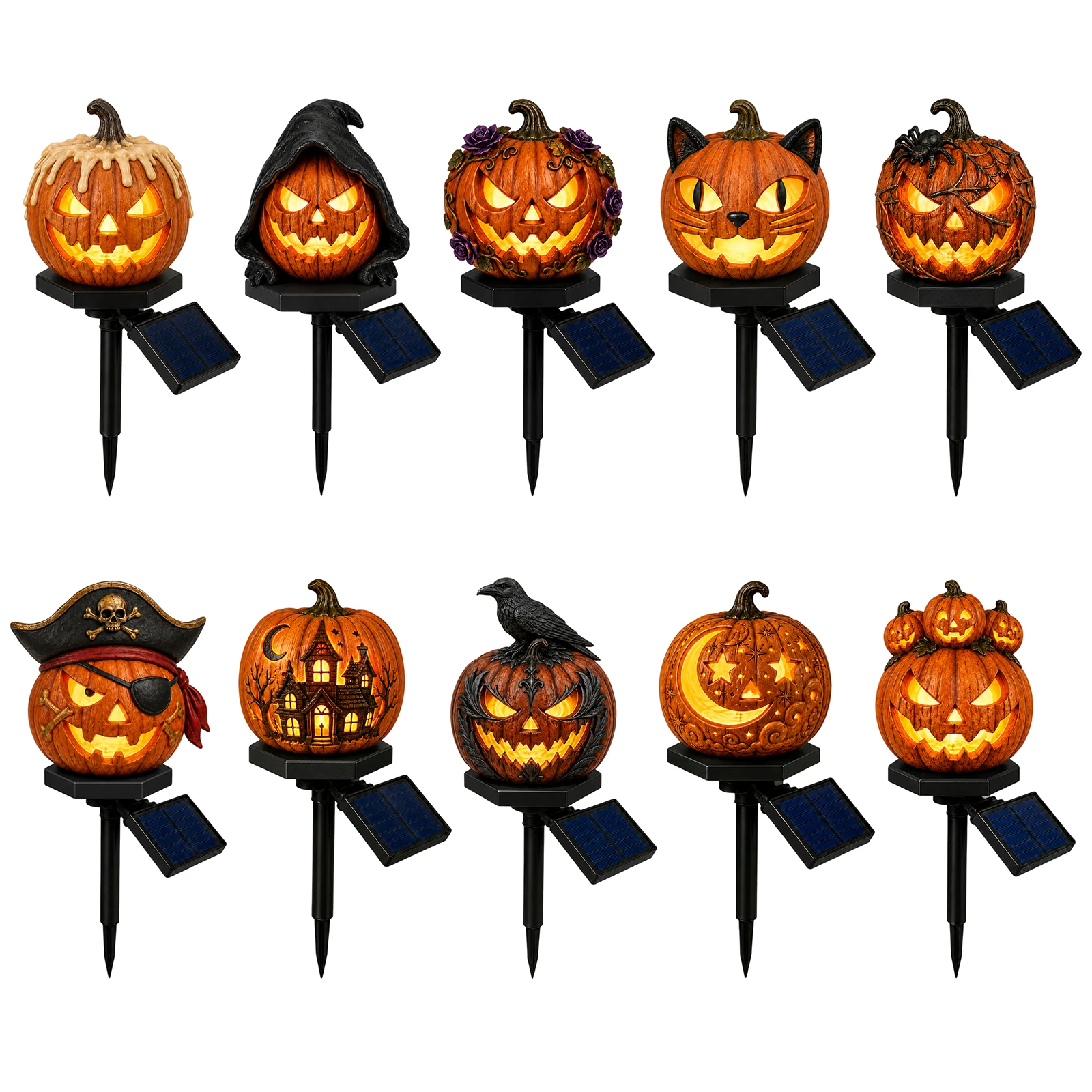 Halloween Solar Pumpkin Garden Stake Light Outdoor Waterproof LED Warm Amber Glow Auto Dusk Dawn Pathway Lawn Yard Decor