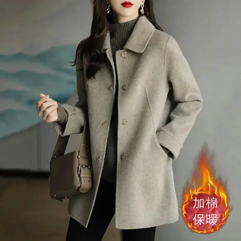 

Autumn Winter Woolen Coat Women Loose Elegant Overcoat New 2023 Fashion Add Cotton Outerwear Black Woolen Trench Coat Female