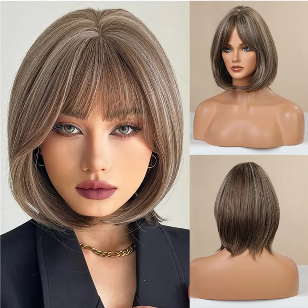 

Light Brown Bob Synthetic Wigs for Women Short Straight Wig with Bangs Natural Highlight Brown Hair Party Daily Soft Realistic