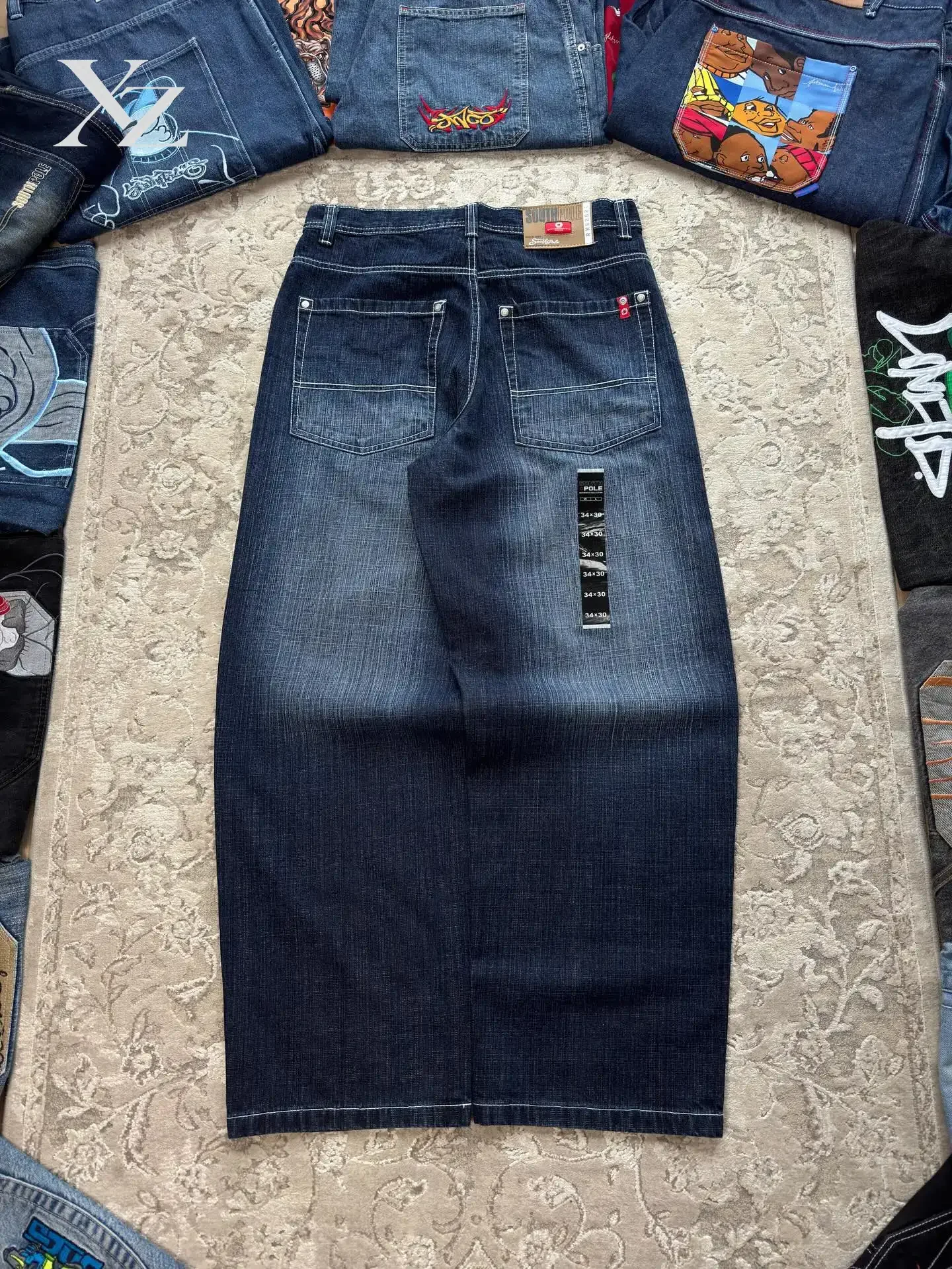 Y2K New Retro Blue Gothic Fashion Washed Old Casual Jeans Men Streetwear Vintage Popular High Waist Baggy Wide-leg Pants