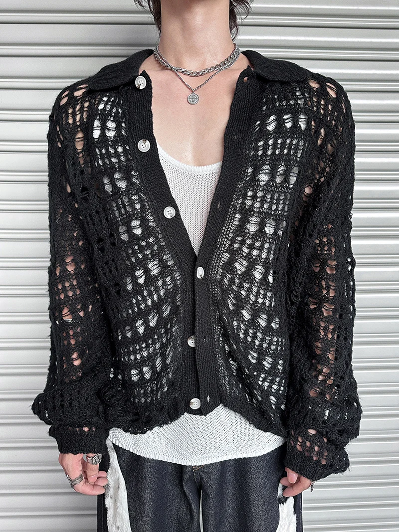 Men's Trendy Hollow Out Cardigan Sweaters Men's 2025 Autumn Winter New Versatile Knitted Tops Handsome Personality Knitwears