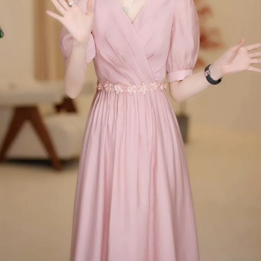 

【New style】New summer high-quality socialite temperament dress waist waist slimming fashionable belly-covered knee-high dress