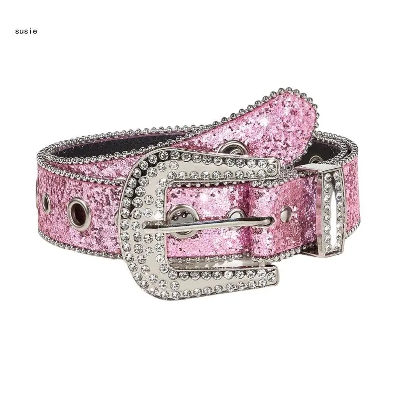 

X7YA Pink Color Waist Belt Western Full Diamond Belt Cowgirl Cowboy Belt