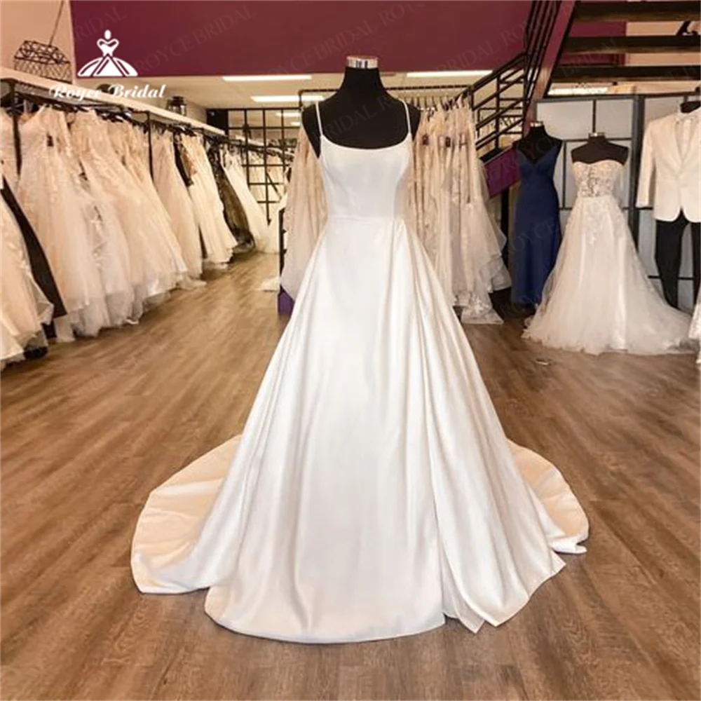 Vestido de casamento cetim com colarinho quadrado para mulheres, linha A simples, pulseira de espaguete, trem da corte, vestido de noiva