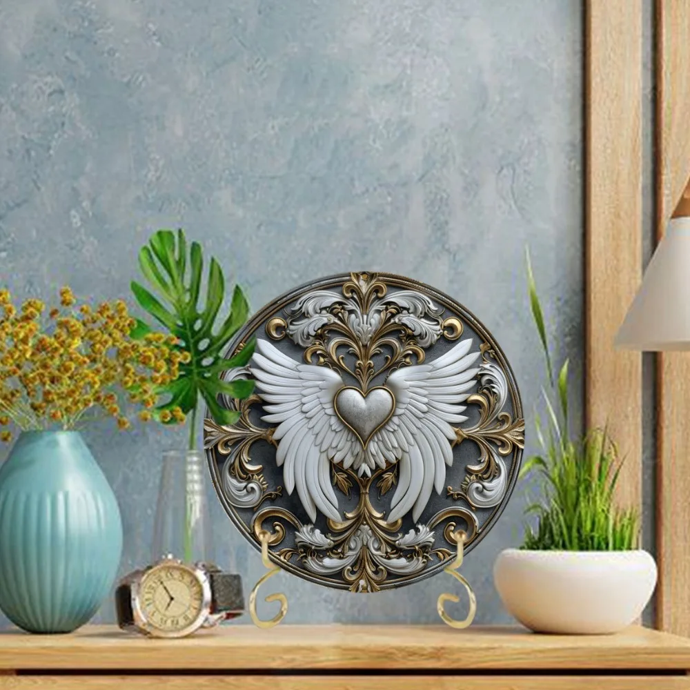 Round Aluminum Sign, Heart Shaped, Feather Themed, Office Room, Home, Cafe Decorations, Wall Art Decoration , Thanksgiving Gift