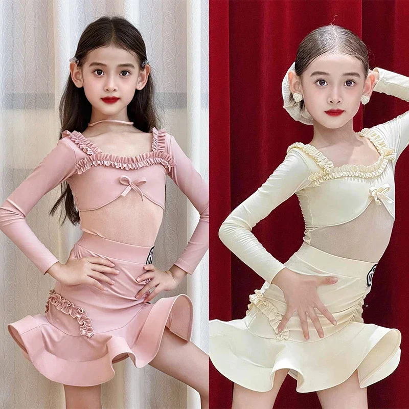 Strój do tańca latynoamerykańskiego dla dzieci, długi rękaw, wiosna i jesień, sukienka do tańca dla dziewczynki, chacha, lumba, samba, kostium na występy.