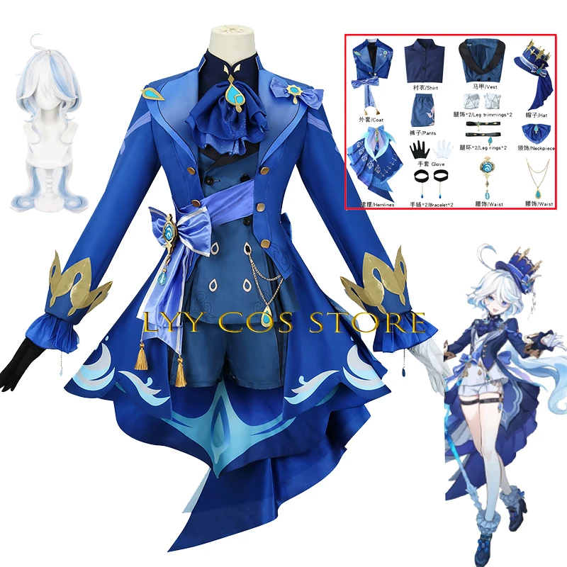 

Dark Blue Furina Cosplay Anime Game Impact Women Focalors Uniform Hat Wig Suit Party Role Play Outfit for female