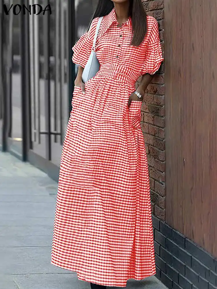 VONDA 2024 Elegant Women Plaid Dress Summer Flare Sleeve Maxi Sundress Fashion Lapel Pockets Printed Bohemian Split Long Vestido