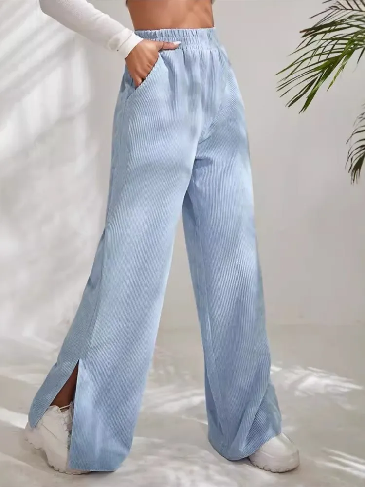 Casual Solid Color Corduroy Pants Women Autumn Winter New Fashion High Waist Loose Slit Straight Trousers Commuting All-match