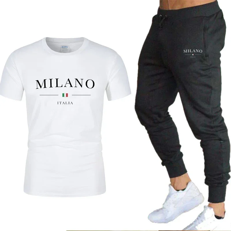 2025 summer loose soft fitness jogging two-piece new men's Milan letter print short-sleeved T-shirt + sweatpants suit