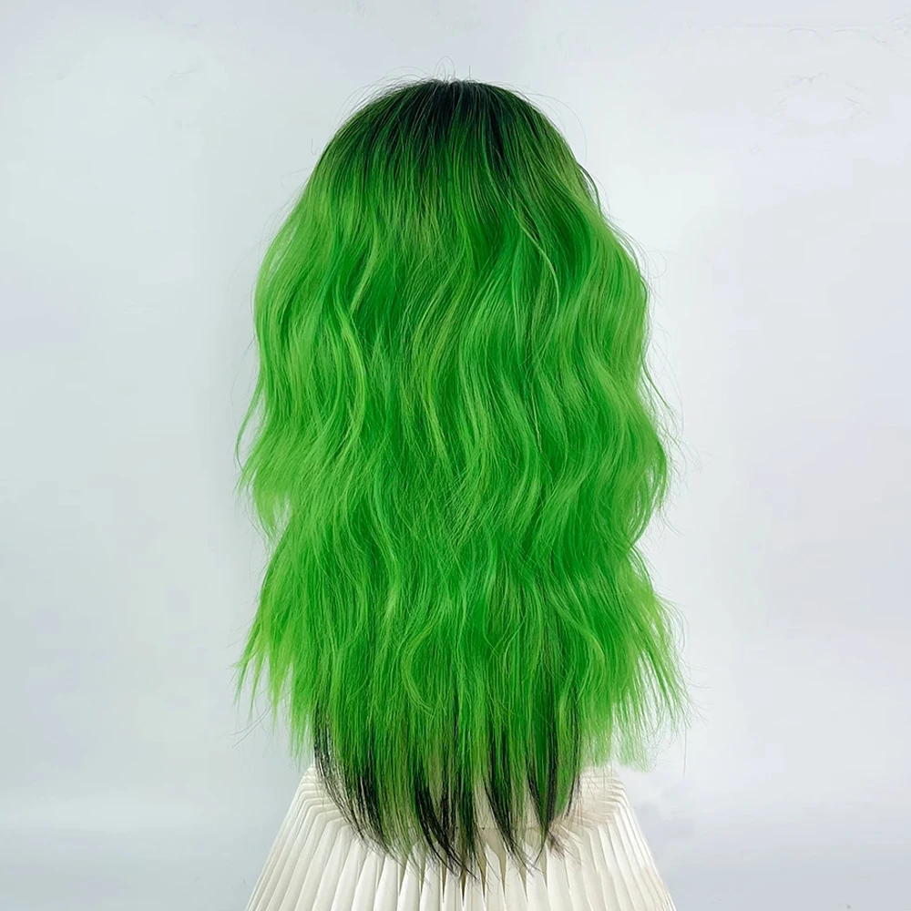 Black Ombre Green Medium Long Wavy Synthetic Wig with Bangs Lolita Cosplay Women Fluffy Wig for Daily Party