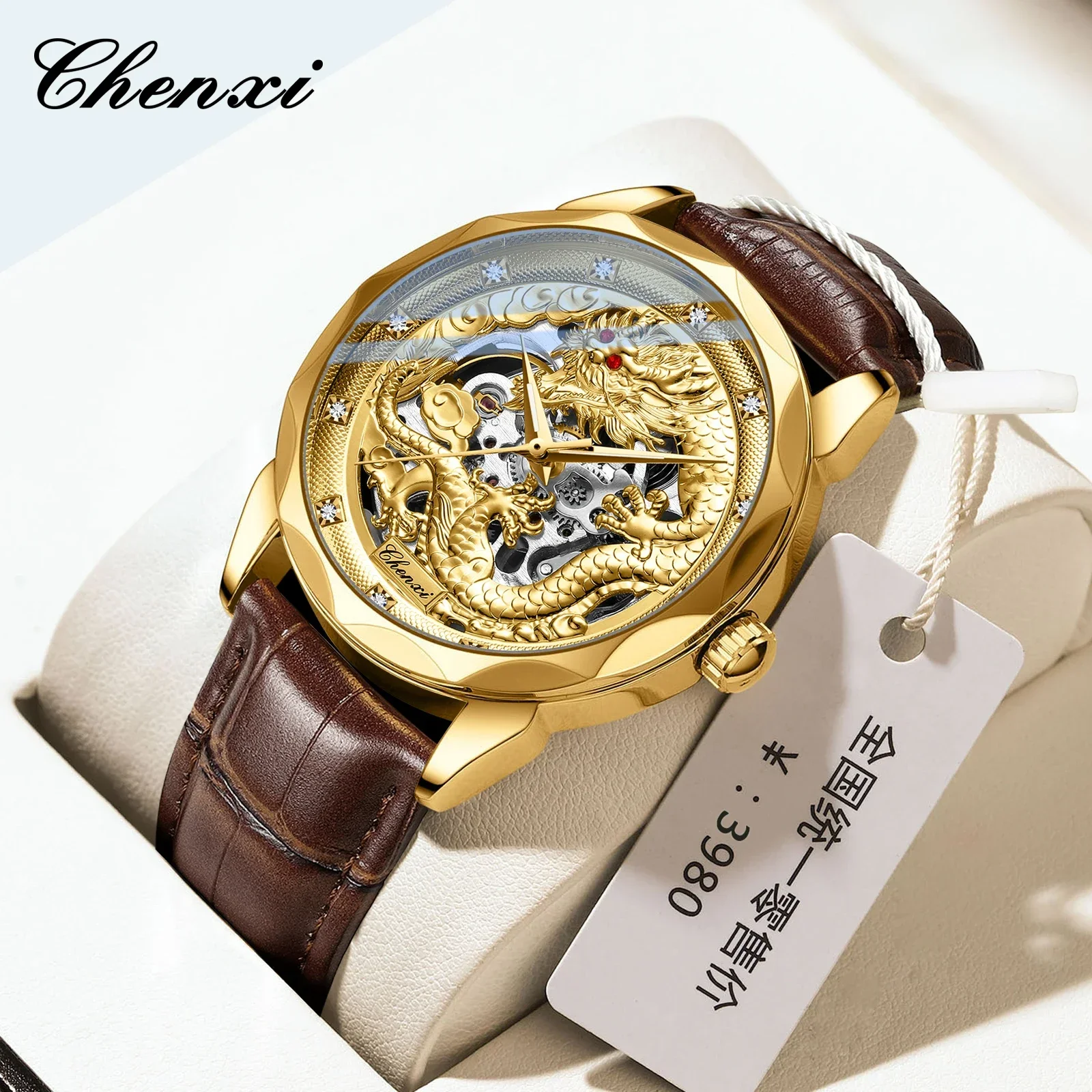 Chenxi 8899 Chinese Nation Cultuur En Kunst 3d Reliëf Dragon Patroon Goud Automatisch Mechanisch Roestvrij Staal Horloge Voor Mannen