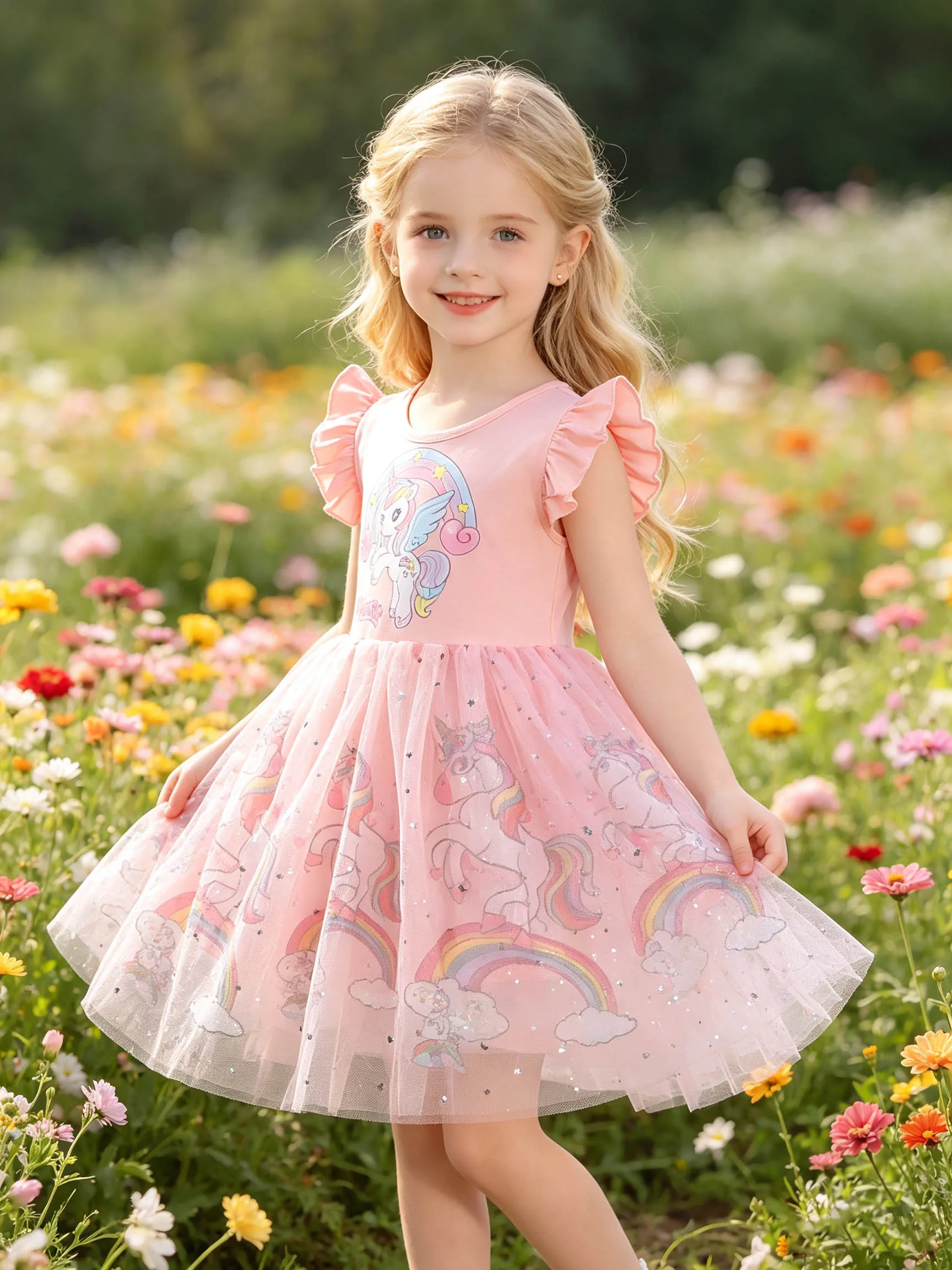 Light  Pink Unicorn Flutter Sleeve Dress for Girls, Full Print Rainbow Sequin Tulle Fluffy Princess Skirt
