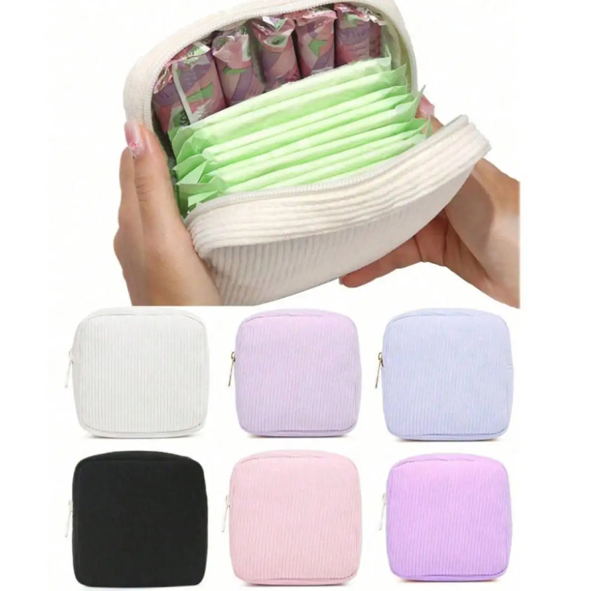 1Pcs Corduroy Storage Bag Portable Multi Functional Pouch Large Capacity For Sanitary Napkin Tampon Cosmetics Lipstick Stationery Coin Purse For Women