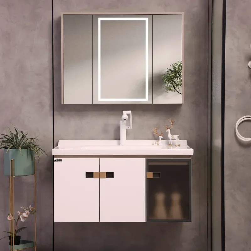 Modern Multi-Layer Solid Wood Bathroom Cabinet LED Smart Mirror Medicine Cabinet Dressing Table Combination for Apartment Use