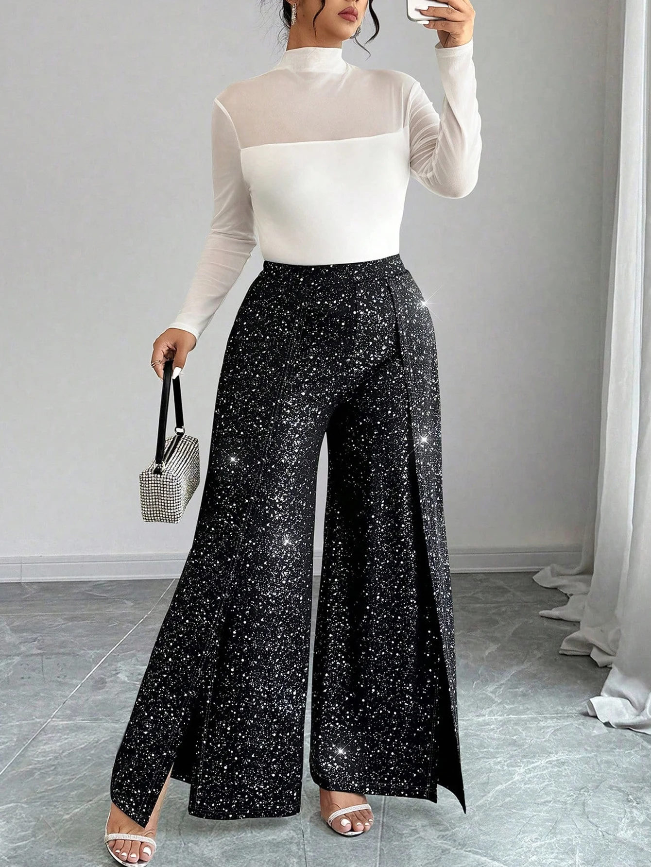 Plus-Size Damen Weite Hose mit Hoher Taille, Pailletten-Seitenschlitz, Glitzerhose, Gerade Hose, Party Club – Detail 6